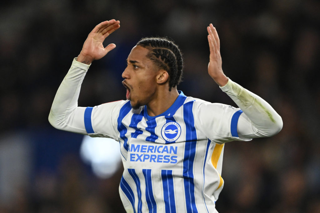 Joao Pedro with his arms up in the air during the FA Cup quarter-final between Brighton and Nottingham Forest.