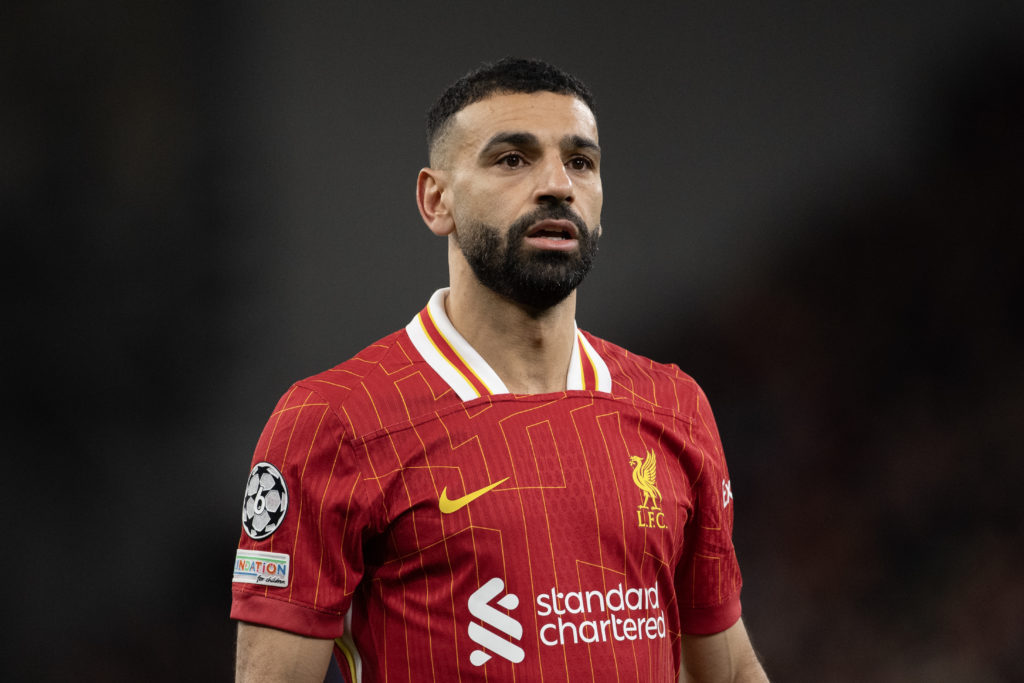 Mohamed Salah of Liverpool looks on during the UEFA Champions League 2024/25 Round of 16 Second Leg match between Liverpool FC and Paris Saint-Germain at Anfield