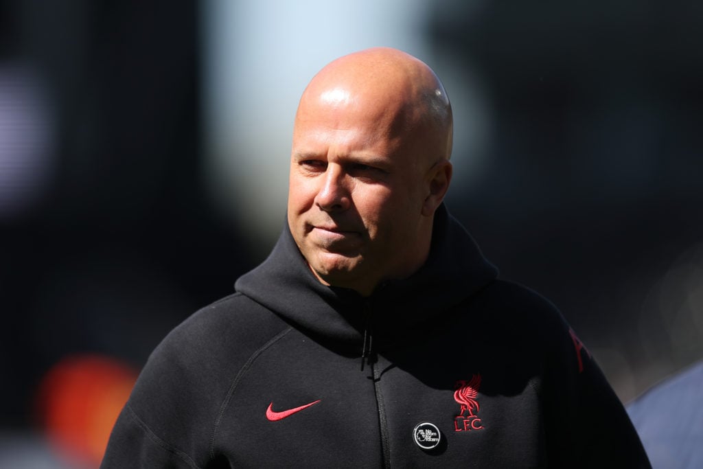 Arne Slot arrives ahead of Liverpool's Premier League match against Fulham at Craven Cottage.