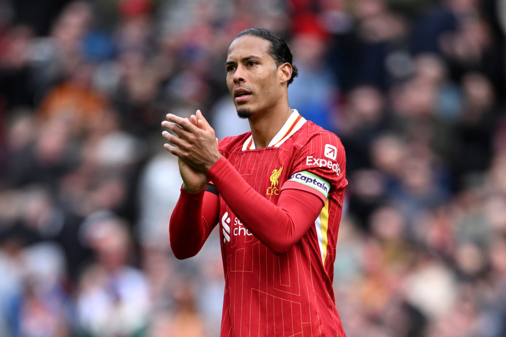 Virgil van Dijk of Liverpool celebrates victory after the Premier League match between Liverpool FC and West Ham United FC at Anfield