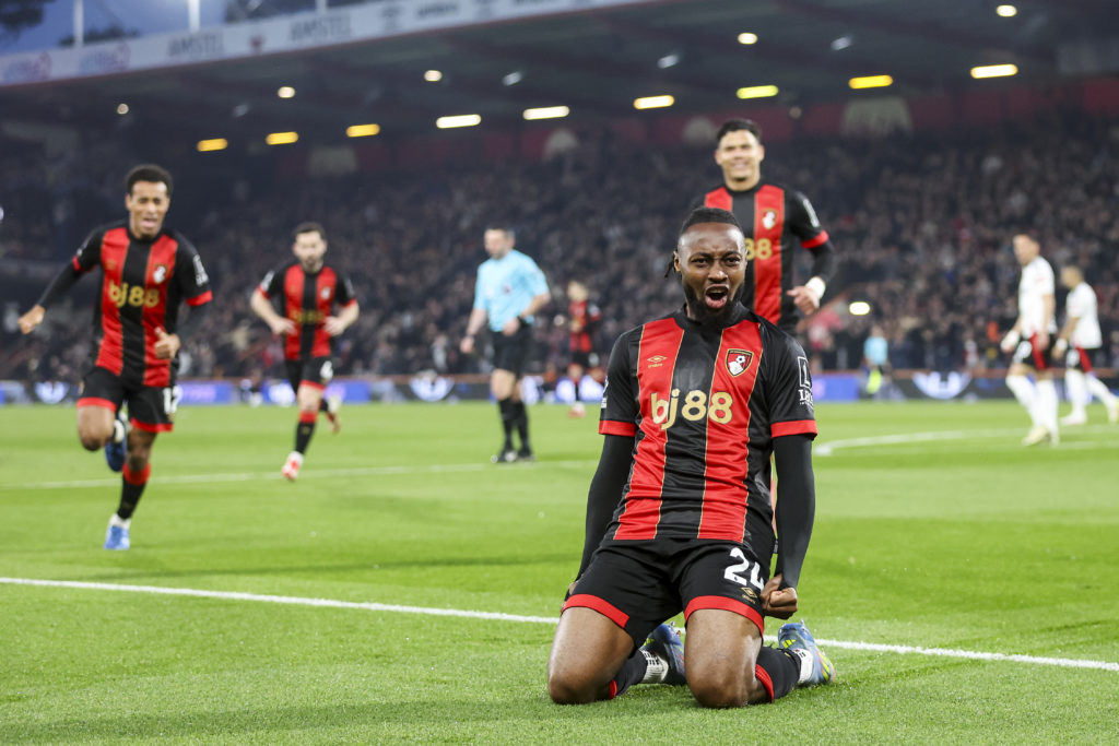 Antoine Semenyo of Bournemouth celebrates after he scores a goal to make it 1-0 during the Premier League match between AFC Bournemouth and Fulham FC at Vitality Stadium