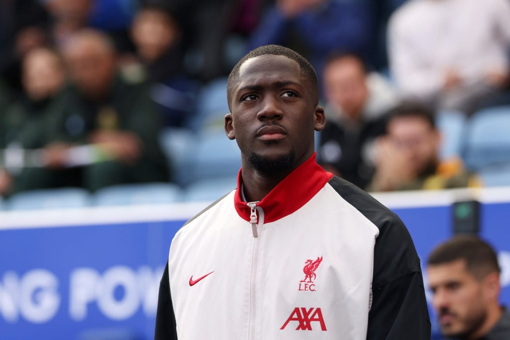 Ibrahima Konate walks out ahead of Leicester City vs Liverpool in the Premier League.