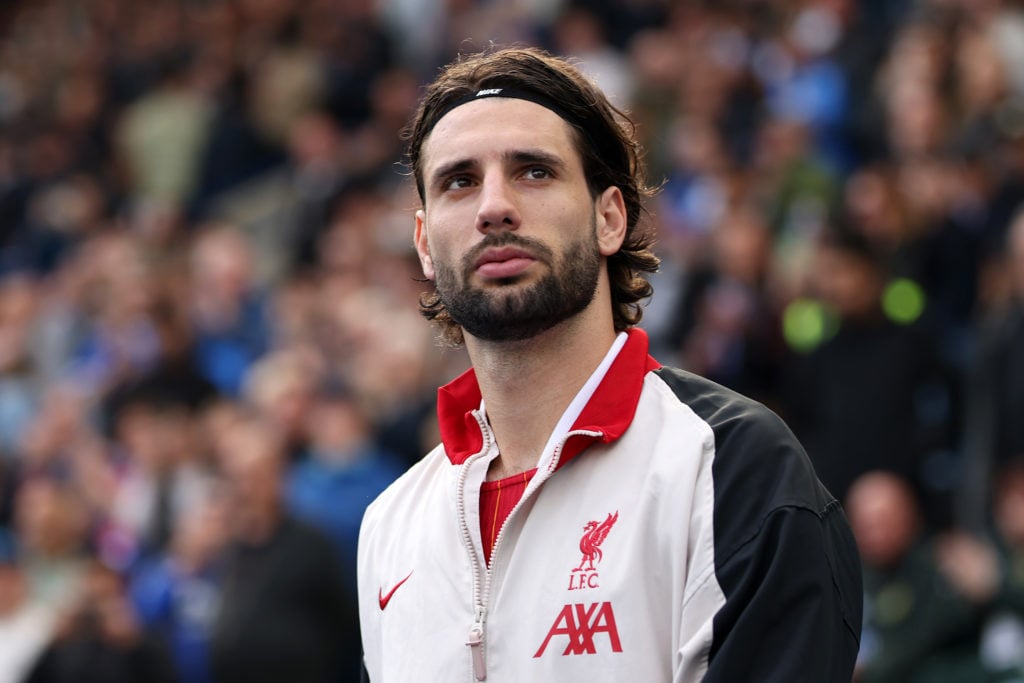 Dominik Szoboszlai of Liverpool looks on prior to the Premier League match between Leicester City FC and Liverpool FC at The King Power Stadium