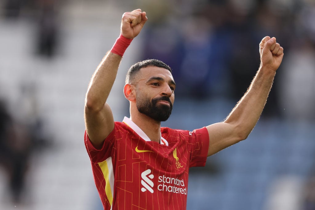 Mohamed Salah of Liverpool celebrates after the Premier League match between Leicester City FC and Liverpool FC at The King Power Stadium
