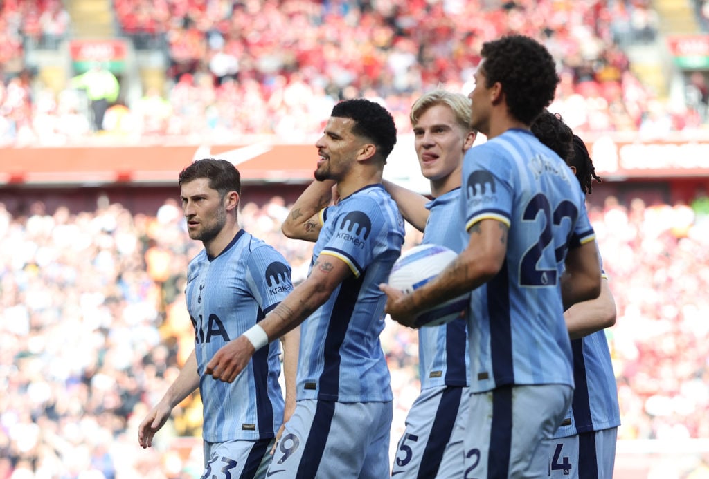 Dominic Solanke pictured celebrating during a game between Liverpool and Tottenham.