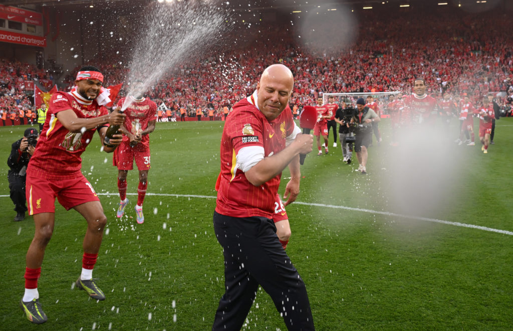 Liverpool celebrating their Premier League win at Anfield.