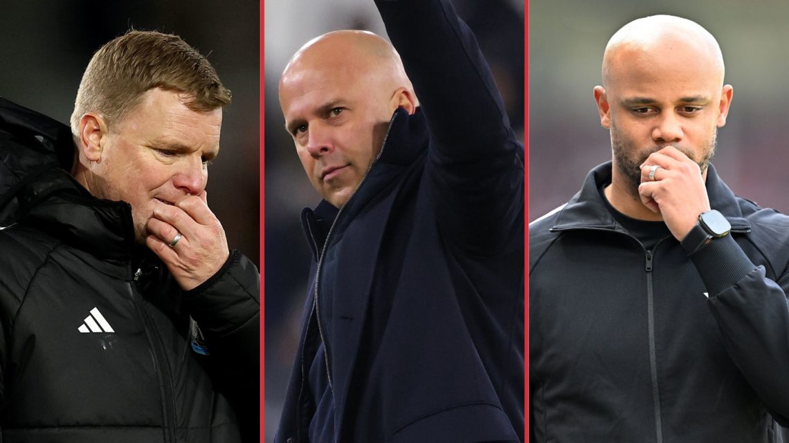 Left image, Eddie Howe, Manager of Newcastle United, looks dejected following defeat in the Premier League match between Brentford FC and Newcastle...