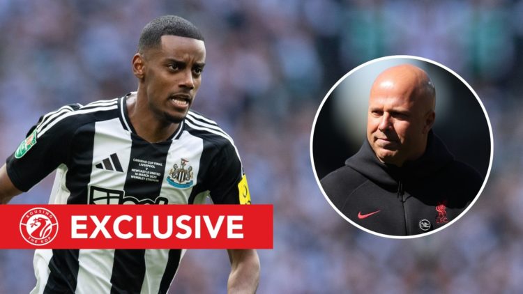 Alexander Isak of Newcastle United in action during the Carabao Cup Final between Liverpool and Newcastle United. Inset, Arne Slot.
