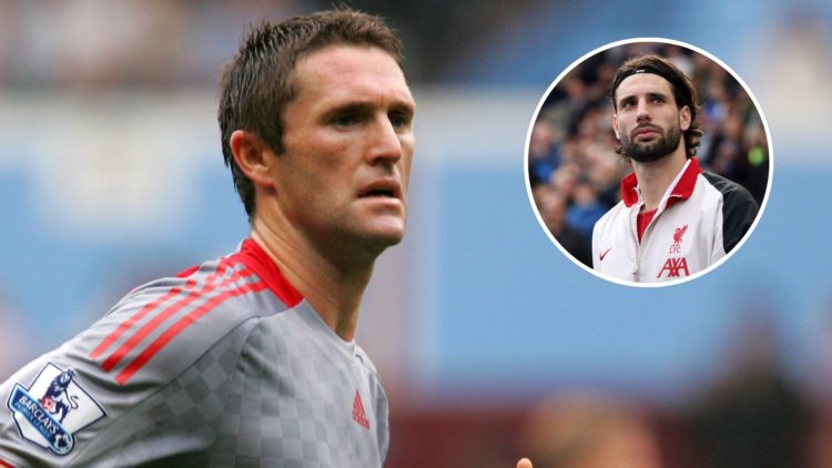 Main image, Robbie Keane of Liverpool. Top inset, Dominik Szoboszlai of Liverpool looks on prior to the Premier League match between Leicester City...
