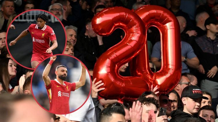 Main image, Fans of Liverpool hold up balloons which make the number 20, in anticipation of the team winning a 20th league title during the Premier...