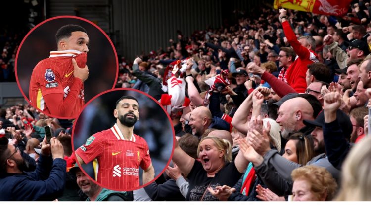 Main image, Fans of Liverpool celebrate during the Premier League match between Liverpool FC and West Ham United FC at Anfield on April 13, 2025 in...