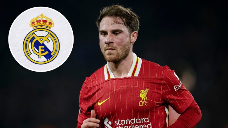 Liverpool midfielder Alexis Mac Allister with an insert of Real Madrid's club badge