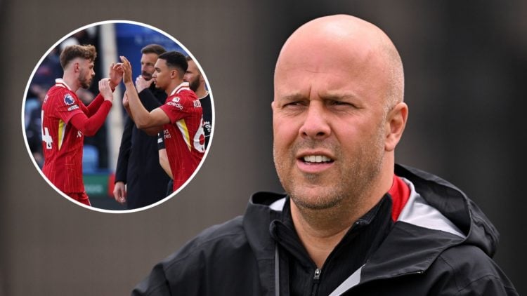 Main image, Arne Slot head coach of Liverpool during a training session at AXA Training Centre on April 23, 2025 in Kirkby, England. Inset, Trent A...
