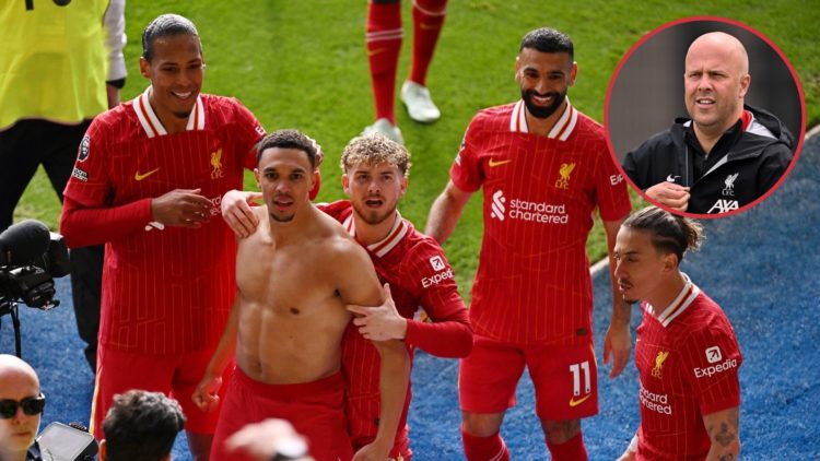 Main image, Trent Alexander-Arnold of Liverpool celebrates scoring his team's first goal with teammate Harvey Elliott during the Premier League mat...
