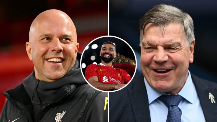 Split image of Liverpool manager Arne Slot [L] and English football manager Sam Allardyce [R] with a central insert of Liverpool attacker Mohamed S...
