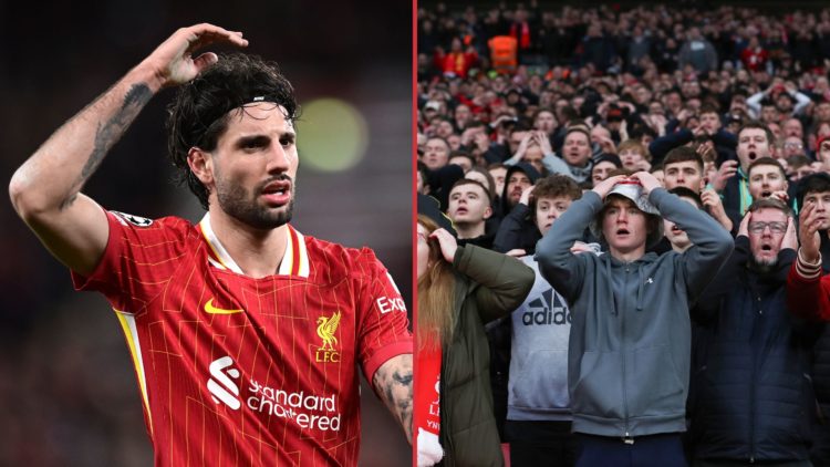 Left image, Liverpool's Dominik Szoboszlai reacts during the UEFA Champions League 2024/25 Round of 16 Second Leg match between Liverpool FC and Pa...