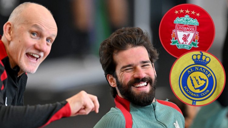 Main image, Alisson Becker of Liverpool and Claudio Taffarel first-team goalkeeping coach of Liverpool during a Liverpool training session at AXA T...