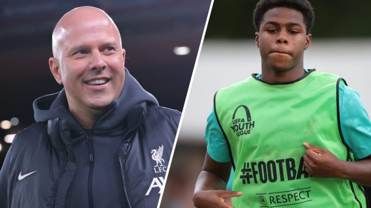Split image showing Liverpool manager Arne Slot and youngster Keyrol Figueroa