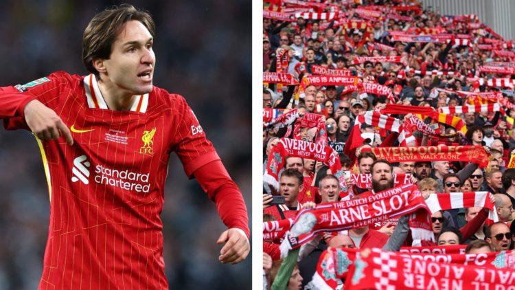 Federico Chiesa shouts to teammates during the 2025 Carabao Cup final. Liverpool fans hold scarves aloft at Anfield.