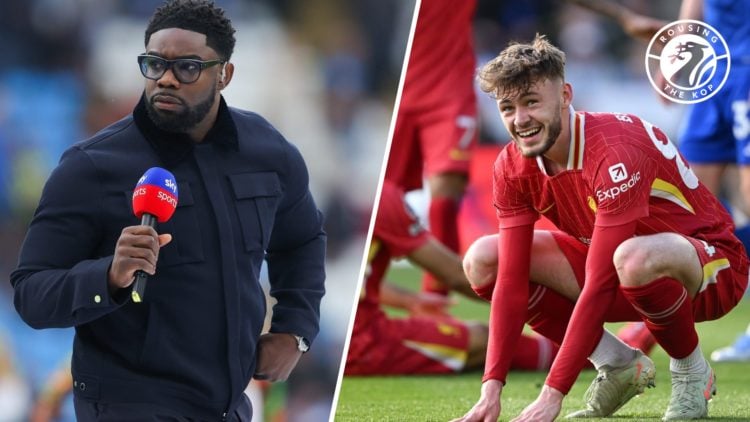 Micah Richards on punditry duty for Sky Sports. Conor Bradley reacts after missing a chance during Leicester vs Liverpool.