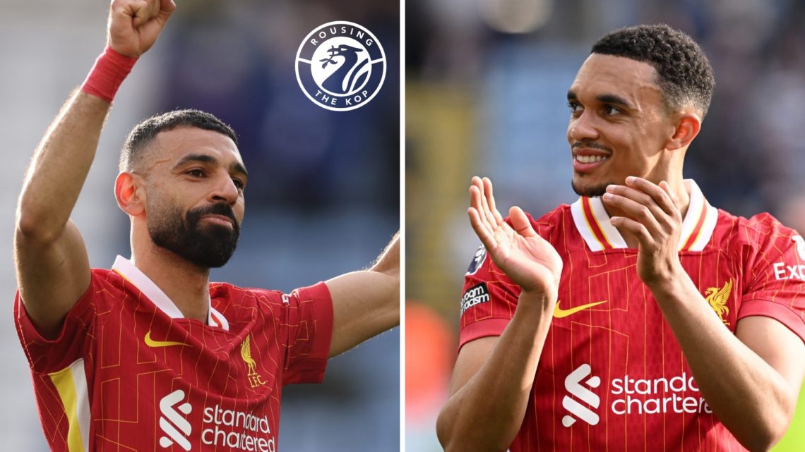 Mohamed Salah celebrates with supporters after Liverpool beat Leicester. Trent Alexander-Arnold applauds supporters after Liverpool beat Leicester.