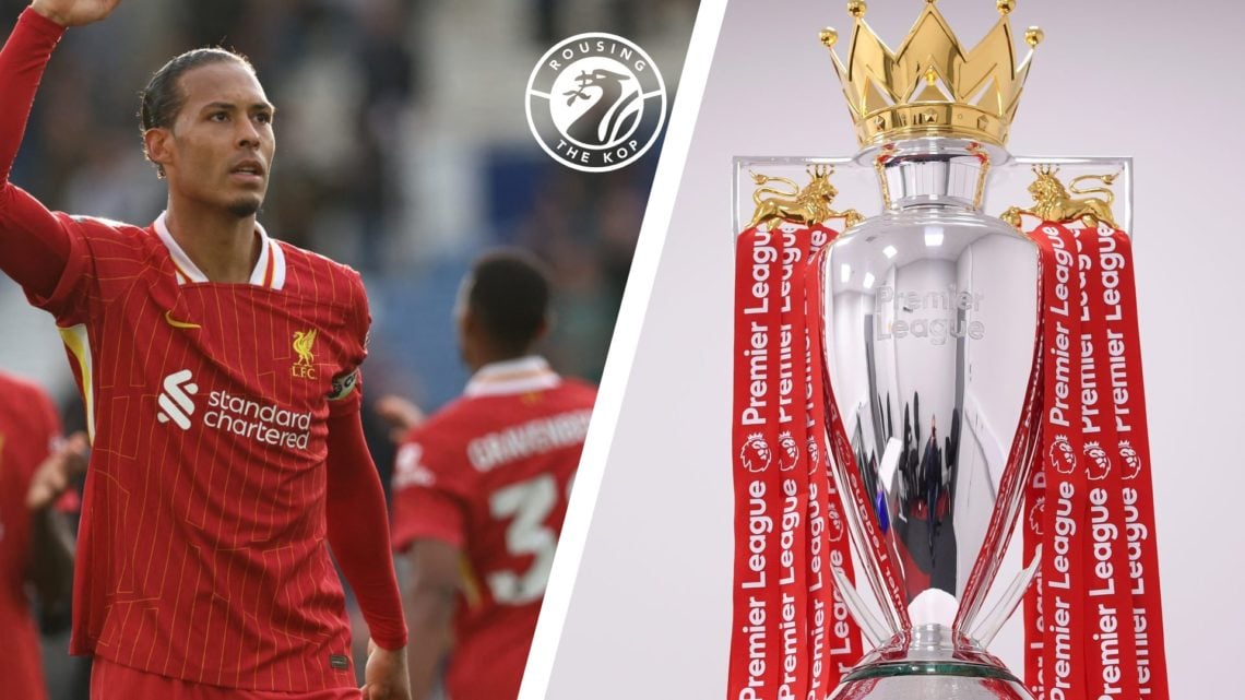 Virgil van Dijk celebrates Liverpool's win over Leicester City. The Premier League trophy draped in red ribbons.