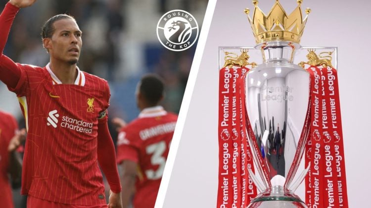 Virgil van Dijk celebrates Liverpool's win over Leicester City. The Premier League trophy draped in red ribbons.
