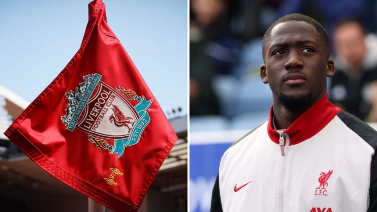 A corner flag with Liverpool FC badge flaps in the win at Anfield. Ibrahima Konate warms up ahead of Liverpool's game against Leicester.