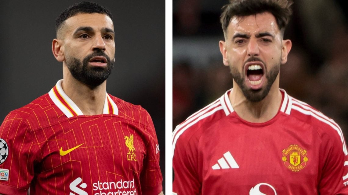 Mohamed Salah in Champions League action for Liverpool. Man United captain Bruno Fernandes celebrates during the Europa League match against Lyon.