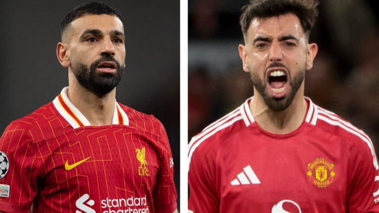 Mohamed Salah in Champions League action for Liverpool. Man United captain Bruno Fernandes celebrates during the Europa League match against Lyon.