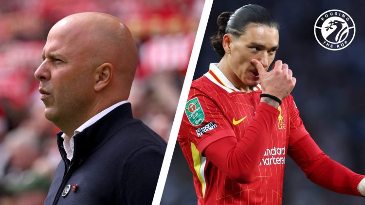 Arne Slot watches Liverpool in action against West Ham. Liverpool forward Darwin Nunez looks on during the 2025 Carabao Cup final.