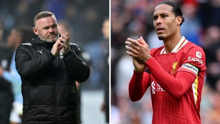 Split image showing Premier League legend Wayne Rooney and Liverpool captain Virgil van Dijk
