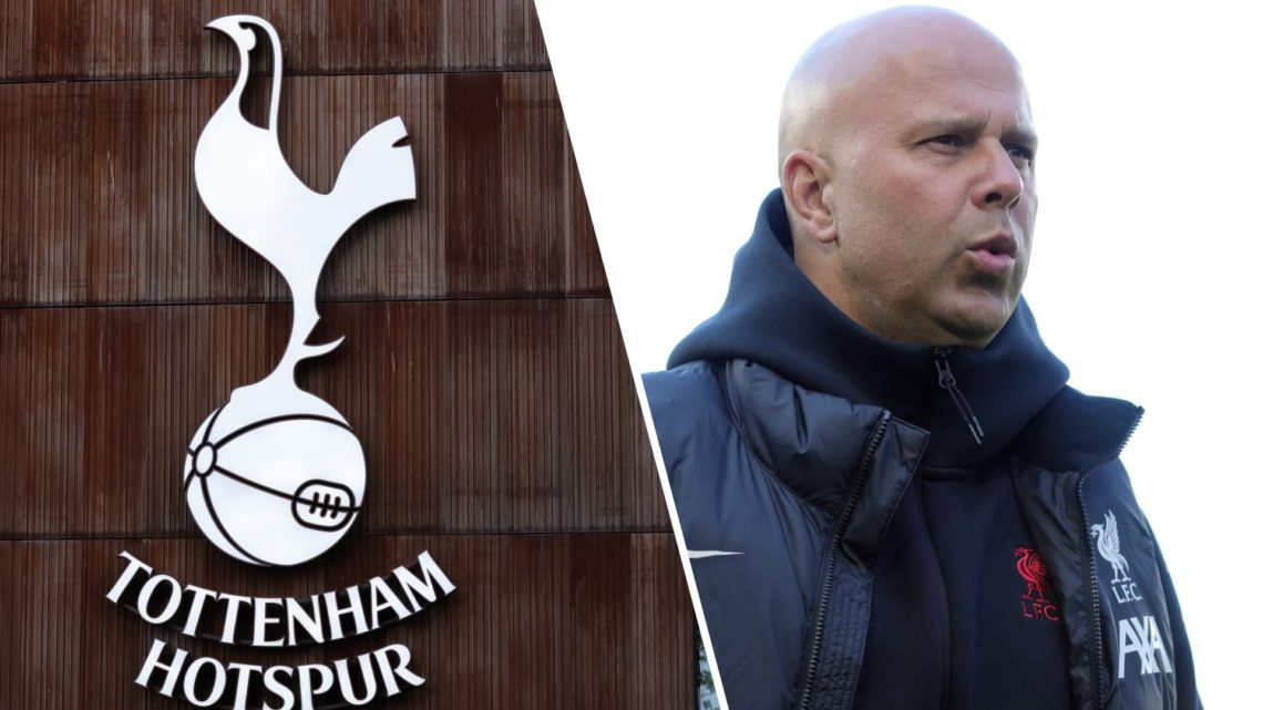 Tottenham Hotspur badge on the Tottenham Hotspur Stadium. Arne Slot whistles before a Premier League match for Liverpool.