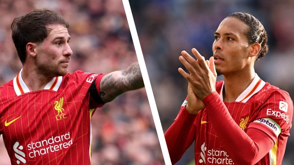 Alexis Mac Allister gestures to teammates during a Premier League game with Liverpool. Virgil van Dijk applauds fans after Liverpool's win over Lei...