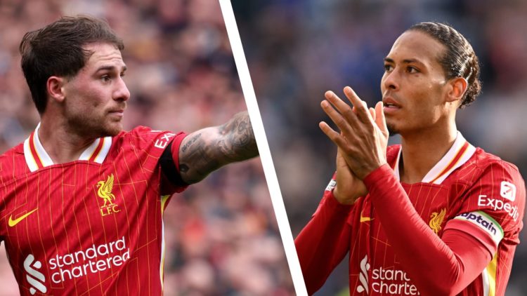 Alexis Mac Allister gestures to teammates during a Premier League game with Liverpool. Virgil van Dijk applauds fans after Liverpool's win over Lei...