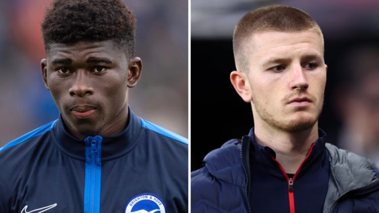 Carlos Baleba in Brighton tracksuit before a Premier League match. Crystal Palace midfielder Adam Wharton looks on.