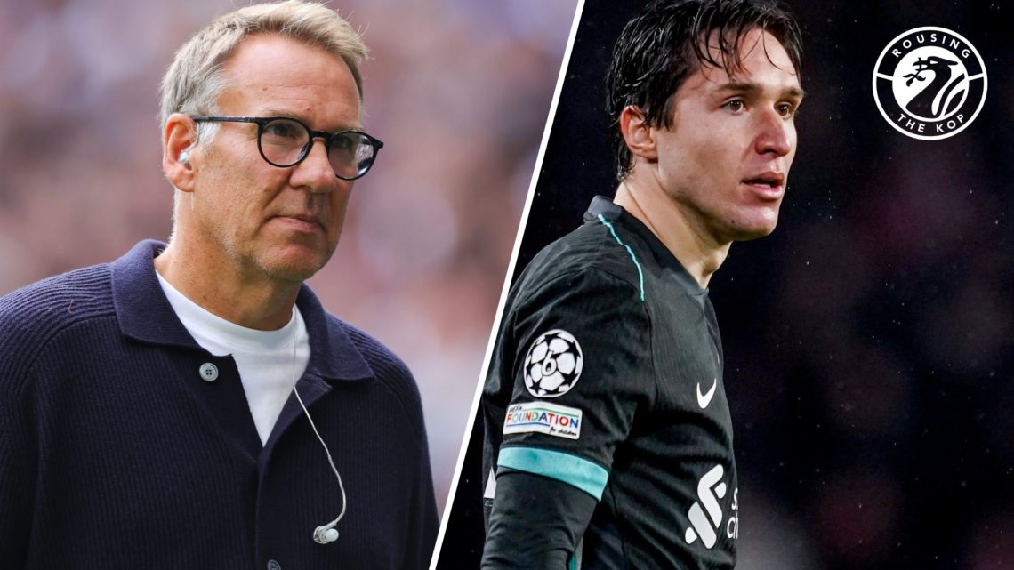 Paul Merson walks pitch side as he prepares for punditry duty. Federico Chiesa in Champions League action for Liverpool against PSV Eindhoven.