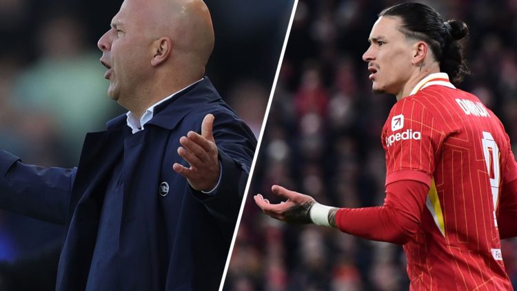 Arne Slot appeals a decision while managing Liverpool. Darwin Nunez looks on in confusion during Liverpool's Champions League game against PSG.