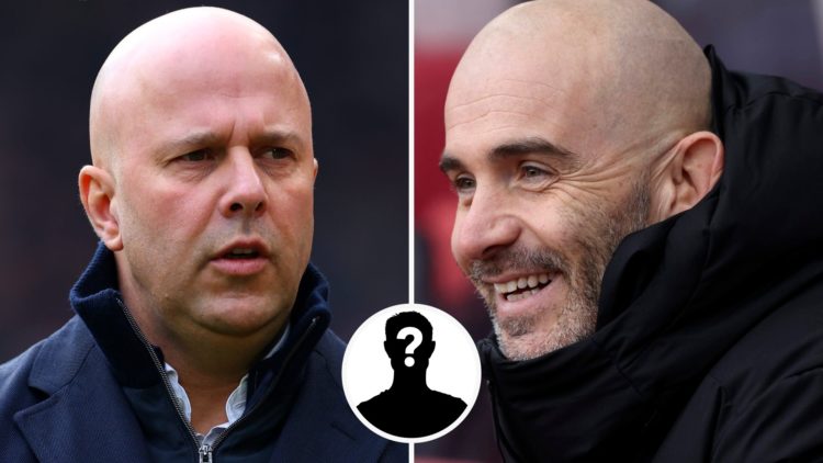 Liverpool manager Arne Slot and Chelsea manager Enzo Maresca with a mystery player insert