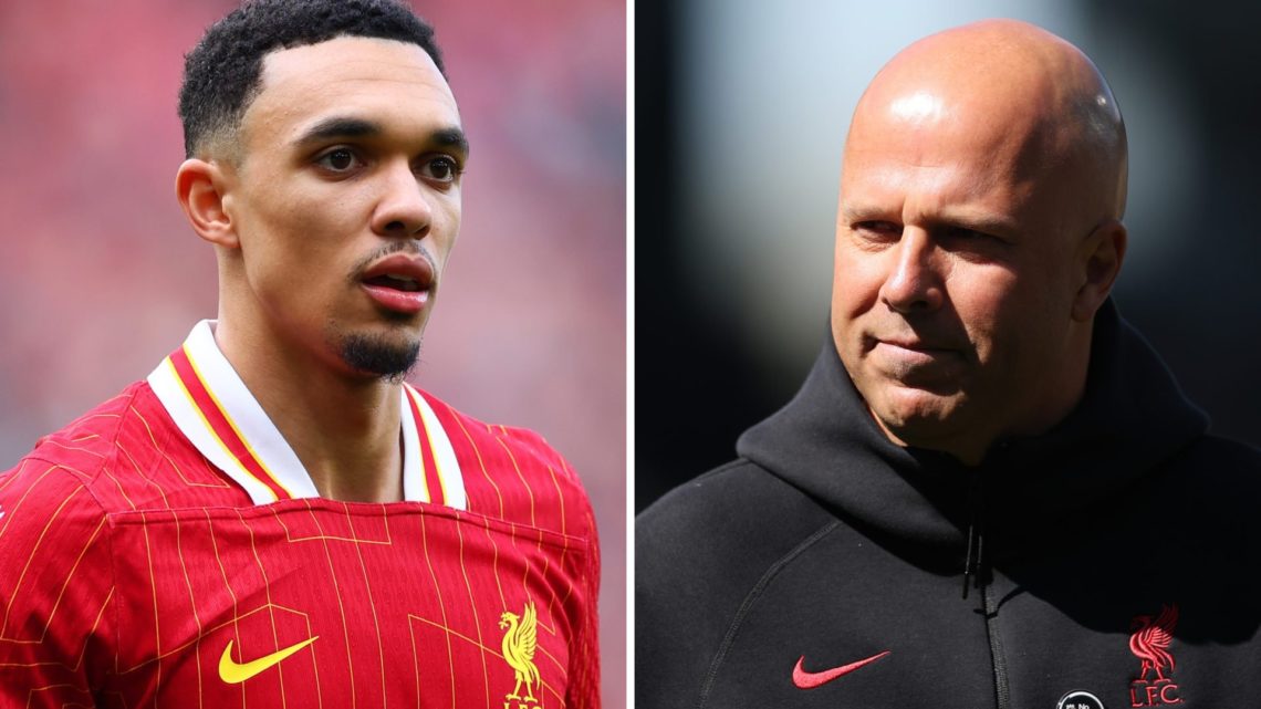 Trent Alexander-Arnold playing for Liverpool. Arne Slot looks on before Liverpool against Fulham.
