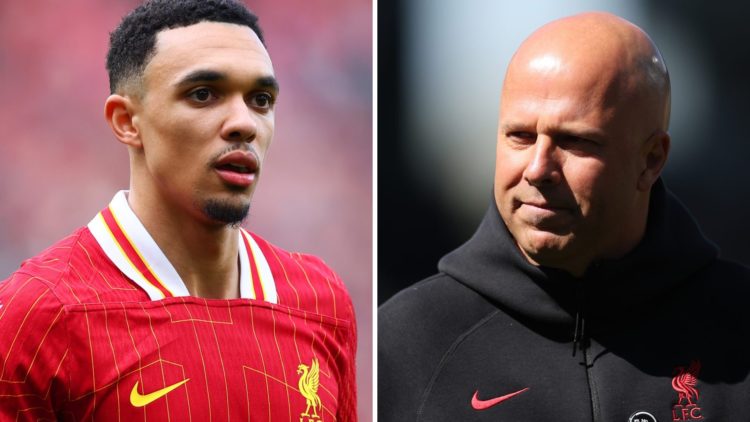 Trent Alexander-Arnold playing for Liverpool. Arne Slot looks on before Liverpool against Fulham.