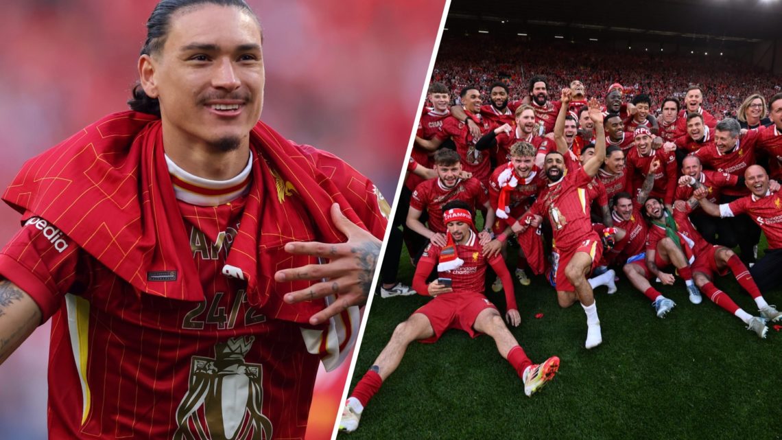 Darwin Nunez celebrates as Liverpool are crowned 2024/25 Premier League champions. The Liverpool squad take a picture in front of the Kop after bei...