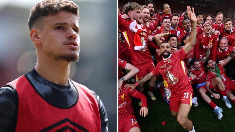 Milos Kerkez warms up ahead of Bournemouth's Premier League match against Manchester United. Liverpool players celebrate becoming 2024/25 Premier L...