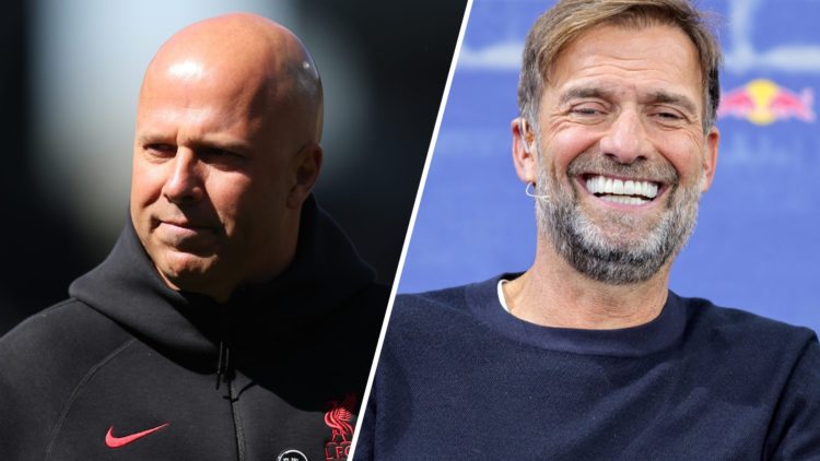 Arne Slot looks on before Liverpool's Premier League match with Fulham. Jurgen Klopp smiles after being unveiled as Red Bull's Head of Global Soccer.