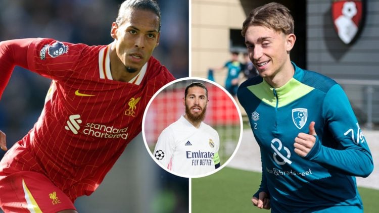 Split image showing Liverpool's Virgil van Dijk, Bournemouth's Dean Huijsen, and Real Madrid iconSergio Ramos