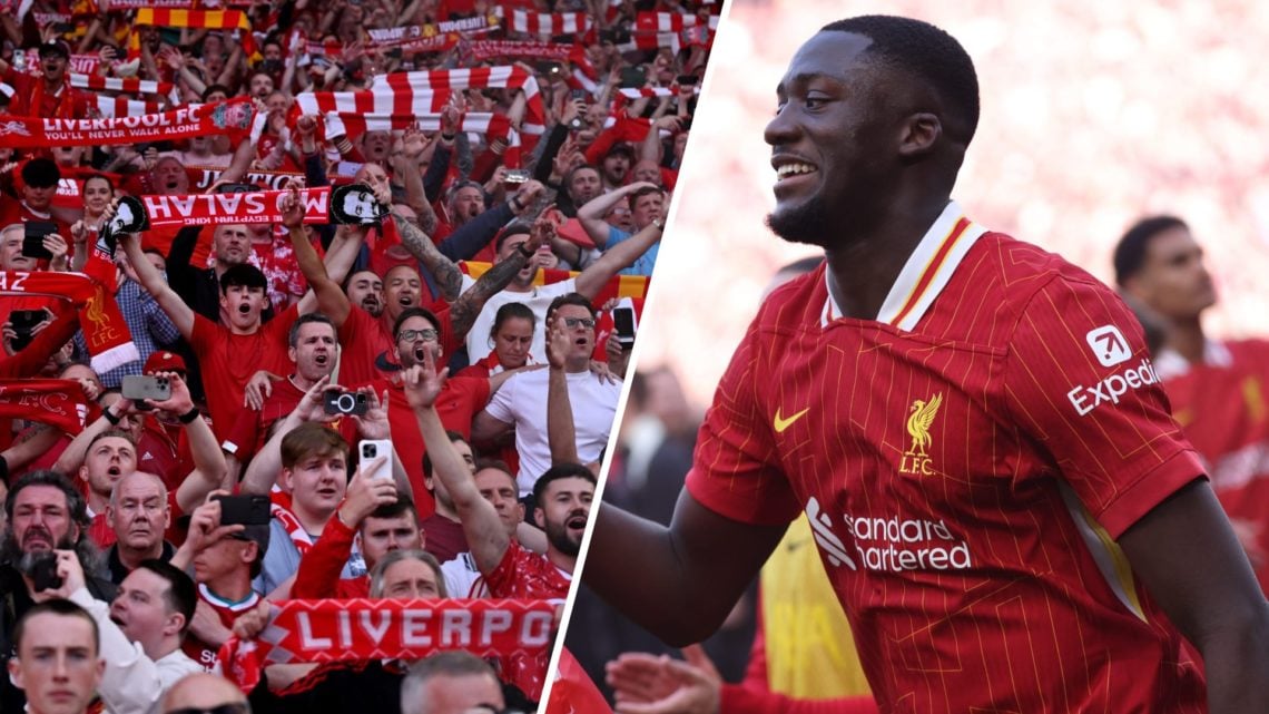 Liverpool supporters celebrate becoming 2024/25 Premier League champions. Ibrahima Konate smiles as he celebrates Liverpool's Premier League title ...