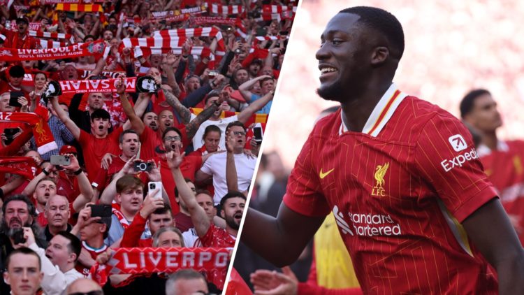 Liverpool supporters celebrate becoming 2024/25 Premier League champions. Ibrahima Konate smiles as he celebrates Liverpool's Premier League title ...