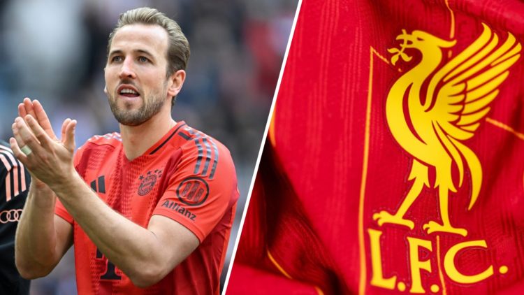 Harry Kane applauds fans while playing for Bayern Munich. Liverpool FC badge on 2024/25 home shirt.
