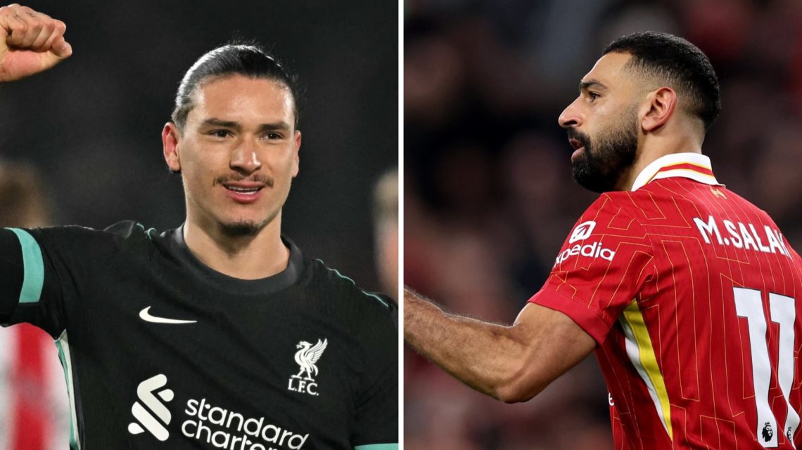 Darwin Nunez raises an arm in celebration after scoring for Liverpool against Brentford. Liverpool's Mohamed Salah clenches his fist after scoring ...