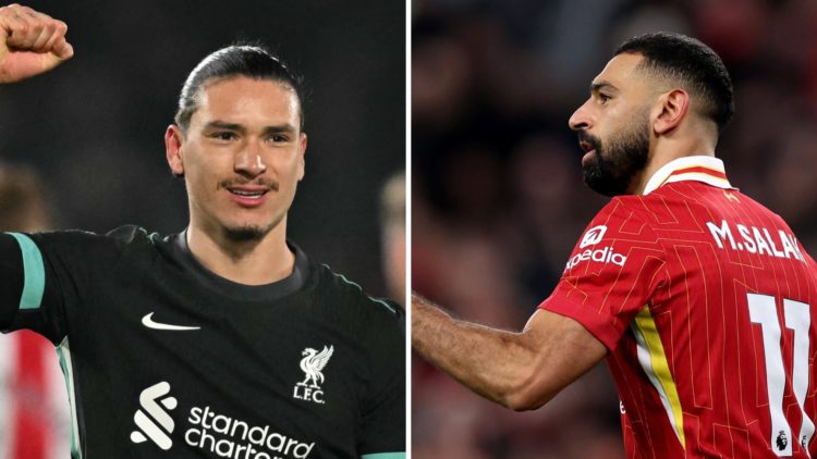 Darwin Nunez raises an arm in celebration after scoring for Liverpool against Brentford. Liverpool's Mohamed Salah clenches his fist after scoring ...